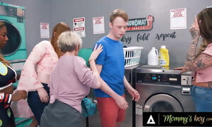 MOMMY'S dude - Bored cougar Dee Williams & Her best friends switch sides gang-bang Ginger dude In Public Laundromat